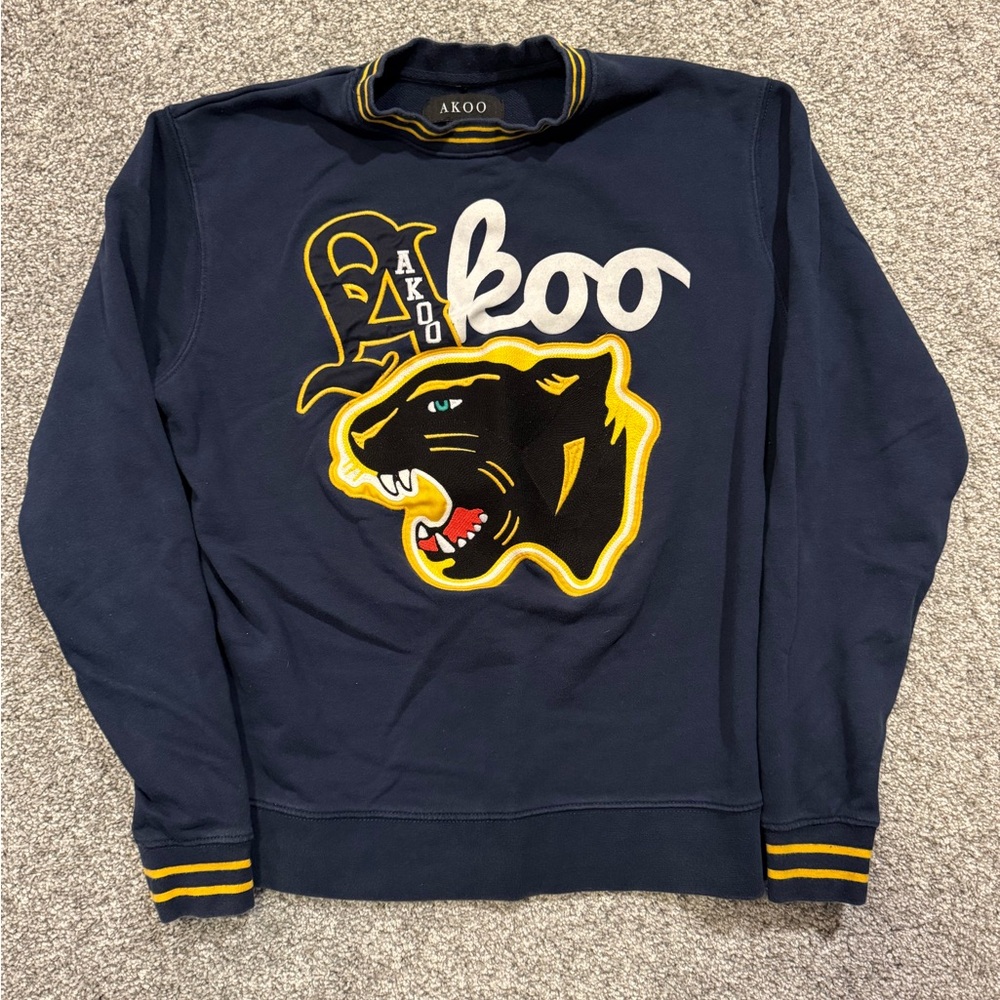 Akoo Sweatshirt Sweater Mens M Blue Black Panther Graphic Spellout Long Sleeve